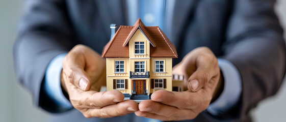Hands holding miniature of house real estate concept
