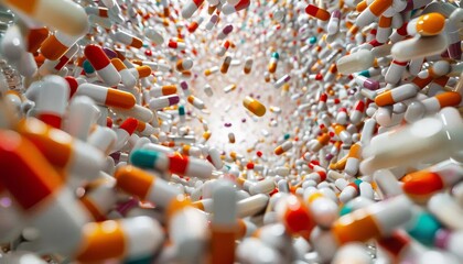 A vortex of pills drawing into a central vanishing point, representing the intense focus on pharmaceutical research