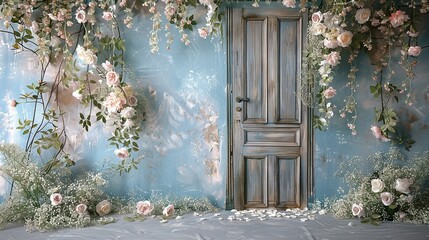 A Delicate Floral and Vintage Door Backdrop for Maternity, Wedding, and Photography Sessions, Capturing Timeless Elegance and Romantic Charm
