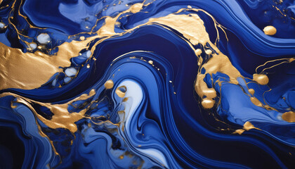 Abstract melted Liquid dark blue marble with gold textures. 3D Luxurious illustration pattern