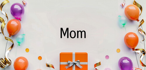 Festive backdrop with an orange gift box and colorful balloons positioned at the edges of the background leaving the center open for  and prominent "Mom" text.