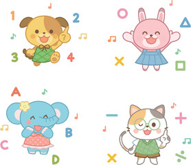 算数や英語の記号と動物のキャラクターセット
