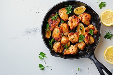 In a black fry pan over a white setting, sits delectable homemade lemon butter chicken thighs with a garlic glaze and slices of lemon lovely herbs and space, Generative AI.