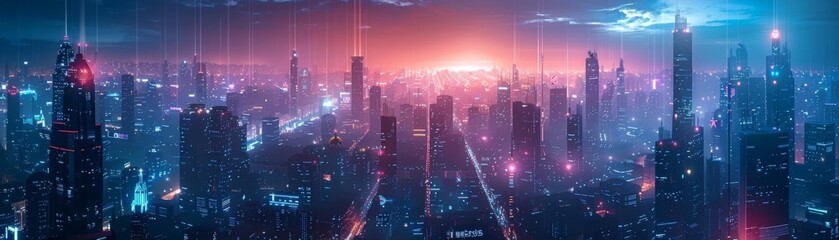 Fototapeta premium Futuristic cityscape with beams of light connecting buildings, metaphor for social networks linking people in urban settings