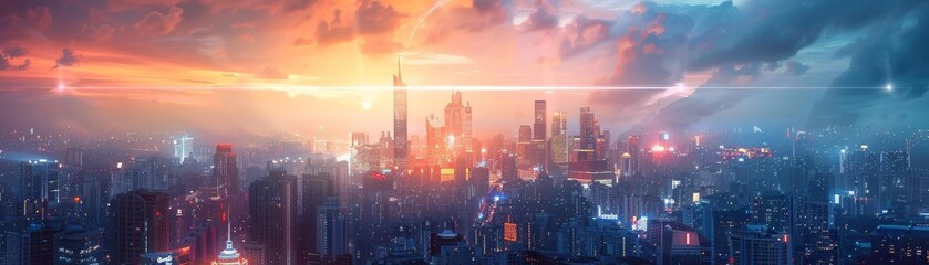 Futuristic cityscape with beams of light connecting buildings, metaphor for social networks linking people in urban settings