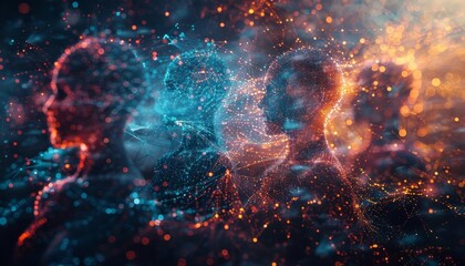 Holographic projection of a social network, showing diverse avatars interconnected by digital beams