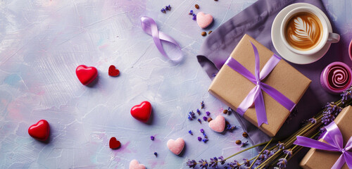 Mother's Day charming flat lay Coffee gift box heart candies on lavender  HD.