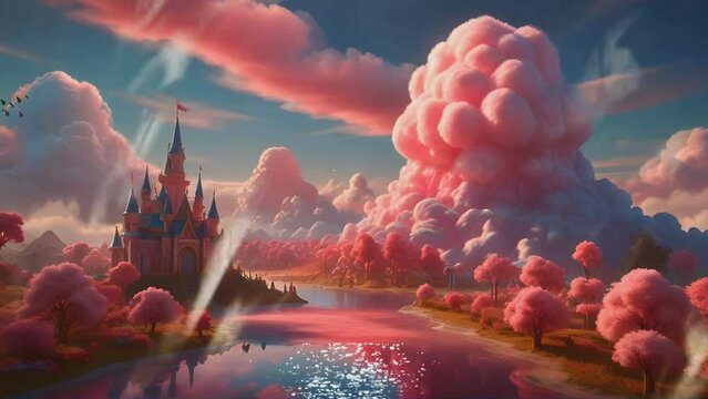 fantasy scenery of cotton candy world castles, seamless looping time lapse virtual 4k video animation background.