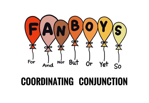 Hand drawn picture of colorful balloons with text FANBOYS. Vocabulary about coordinating Conjunction. Concept, English grammar teaching. Education. Teaching aid. Type of conjunction lesson.