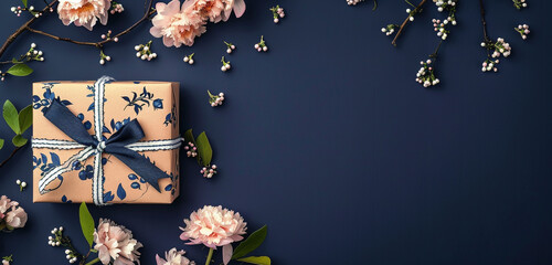 Navy blue background floral banner wrapped gift ideal for conveying Mother's Day message.