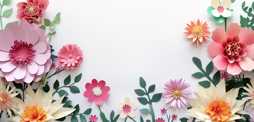 Paper-cut flowers creating spacious borders on white leaving plenty of room for heartfelt Mother's Day messages. copyspace.