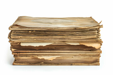 a stack of old papers on a white surface