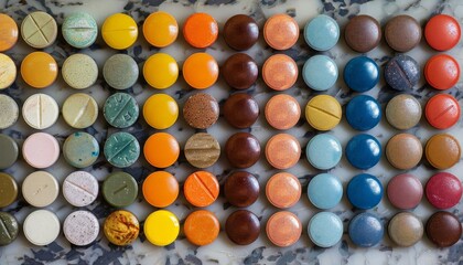 Overhead shot of pills organized in rows by color, representing order and regimen in treatment protocols