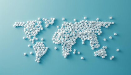 Pills forming a map of the world on a blue background, illustrating global health and international medicine