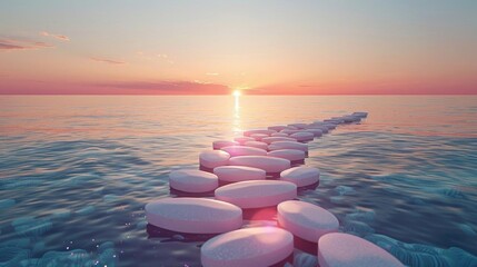 Pills forming a sunrise over a horizon, symbolizing new beginnings and the hope that comes with treatment
