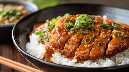 Fototapeta premium Pork cutlet atop curry rice