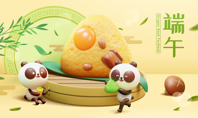 3D Dragon Boat Festival zongzi on bamboo steamer with cute panda around. Translation: Duanwu. © MITstudio