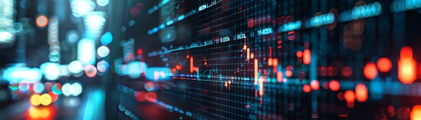 Fototapeta premium Realtime stock market graph on a live trading floor display, suitable for brokerages and trading rooms