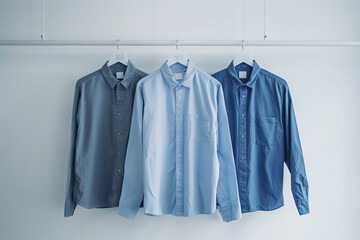 men shirt blue color hang on wall on white background