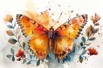 watercolor of butterfly and flower,wet,isolated on white background,high detailed..