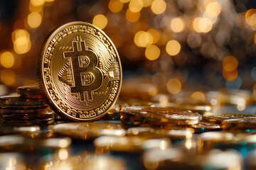 Bitcoin cryptocurrency gold coin and coin pile, investment trading..