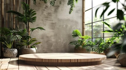 Obraz premium Round podium with ecofriendly materials, promoting sustainability alongside green products