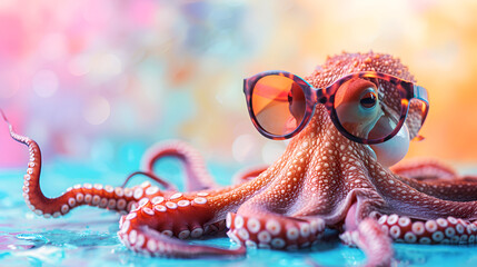 Funny Octopus Wearing Sunglasses in Studio with a Coconut, Cute Cartoon Octopus Character with Summer Vibes, Tropical Sea Animal Illustration, Generative AI

