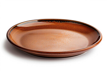 a brown plate with a black rim on a white surface