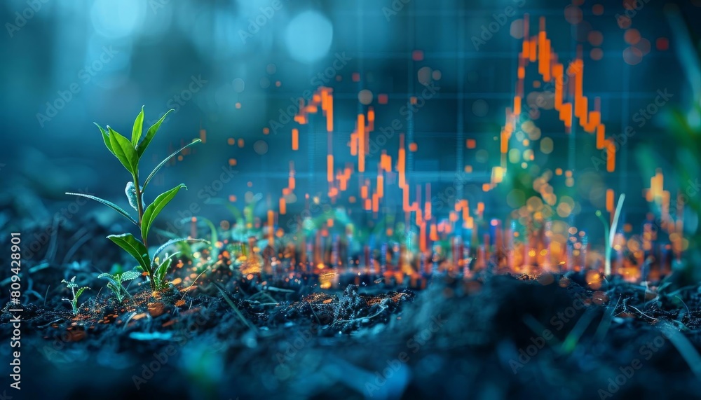 Wall mural stock market graph with an overlay of climate change data, suitable for environmental impact studies