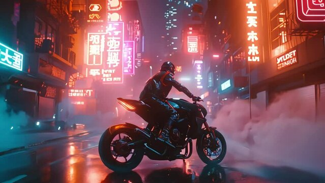a motorcyclist rides a motorbike and lifts its wheels into the air on a special cyberpunk road, footage, 4k footage, videos, short video. animation, slow motion