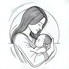 Continuous one black line art drawing parents with newborn baby doodles outline style vector illustration on white background - generated by ai