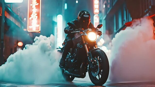 a motorcyclist rides a motorbike and lifts its wheels into the air on a special cyberpunk road, footage, 4k footage, videos, short video. animation, slow motion