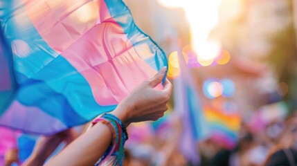 Transgender flag held by participants at a Pride event, promoting visibility.
