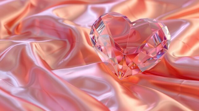 Valentine s Day Love Greeting Card with Heart Gem Crystal on Silky Background