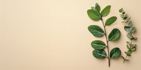 A top view of sprig of green ruskus with green leaves against a off white backdrop with a big space for text or product advertisement background, Generative AI.