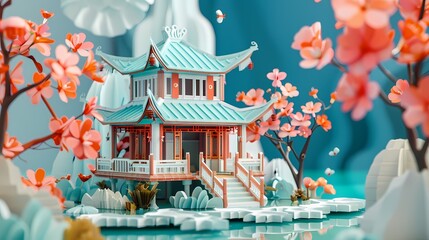 Paper art garden house landscape illustration poster background