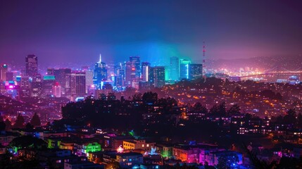 Obraz premium Urban panorama after sunset featuring colorful neon lights and dense modern skyscrapers from a hilltop view 