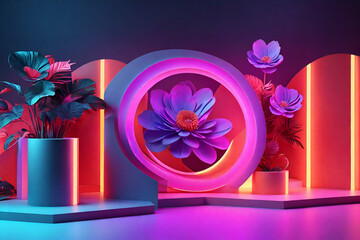 3D rendering flower background neon color with geometric shape podium minimal concept neon lights background