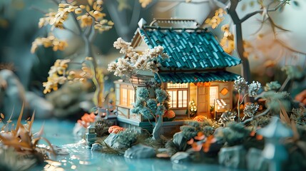 Paper art garden house landscape illustration poster background