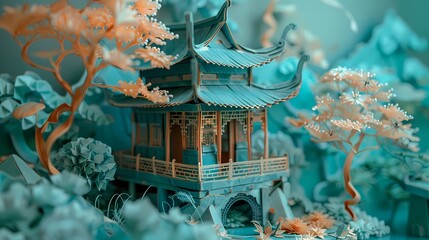Obraz premium Paper art garden house landscape illustration poster background