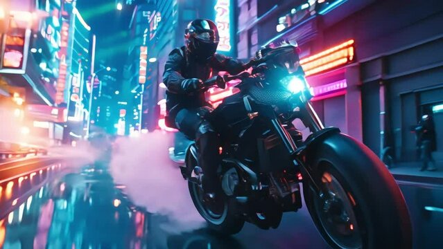 a motorcyclist rides a motorbike and lifts its wheels into the air on a special cyberpunk road, footage, 4k footage, videos, short video. animation, slow motion