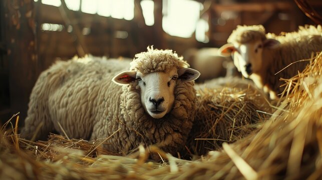 Sheepfold with Racka sheep grazing on hay