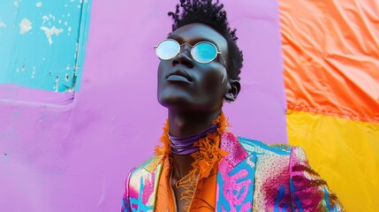 Fashion-forward portrait of a non-binary individual in leopard print jacket and multi-colored scarf, set against a bold tricolored background
