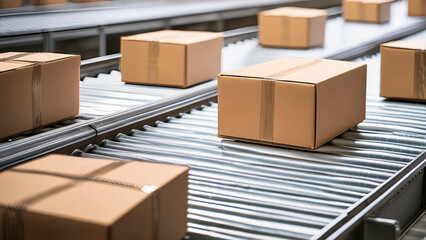 Moving boxes on conveyor belt in warehouse. Shallow depth of field