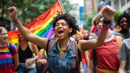 Fototapeta premium Young woman joyfully waving a rainbow flag at a Pride parade, surrounded by a vibrant crowd. 