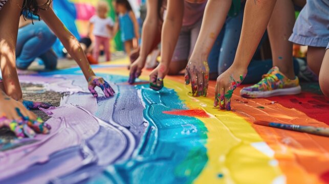Youth community art project with children painting a colorful mural using hands and brushes on canvas
