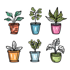 Set six colorful handdrawn potted plants, different species pot colors, doodle style illustration. Indoor gardening, home decoration concept, green foliage planters. Vibrant sketch houseplants