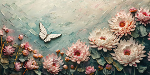 Artistic painting style of pink blossom Chrysanthemum flowers with white butterfly in garden. 