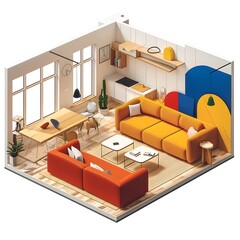 isometric cutaway of a minimal living room Suprematism style interior design of modern living room with abstract geometric colorful shapes.