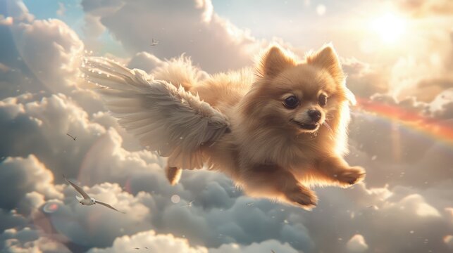 A cute dog with angel wings is flying in the sky.